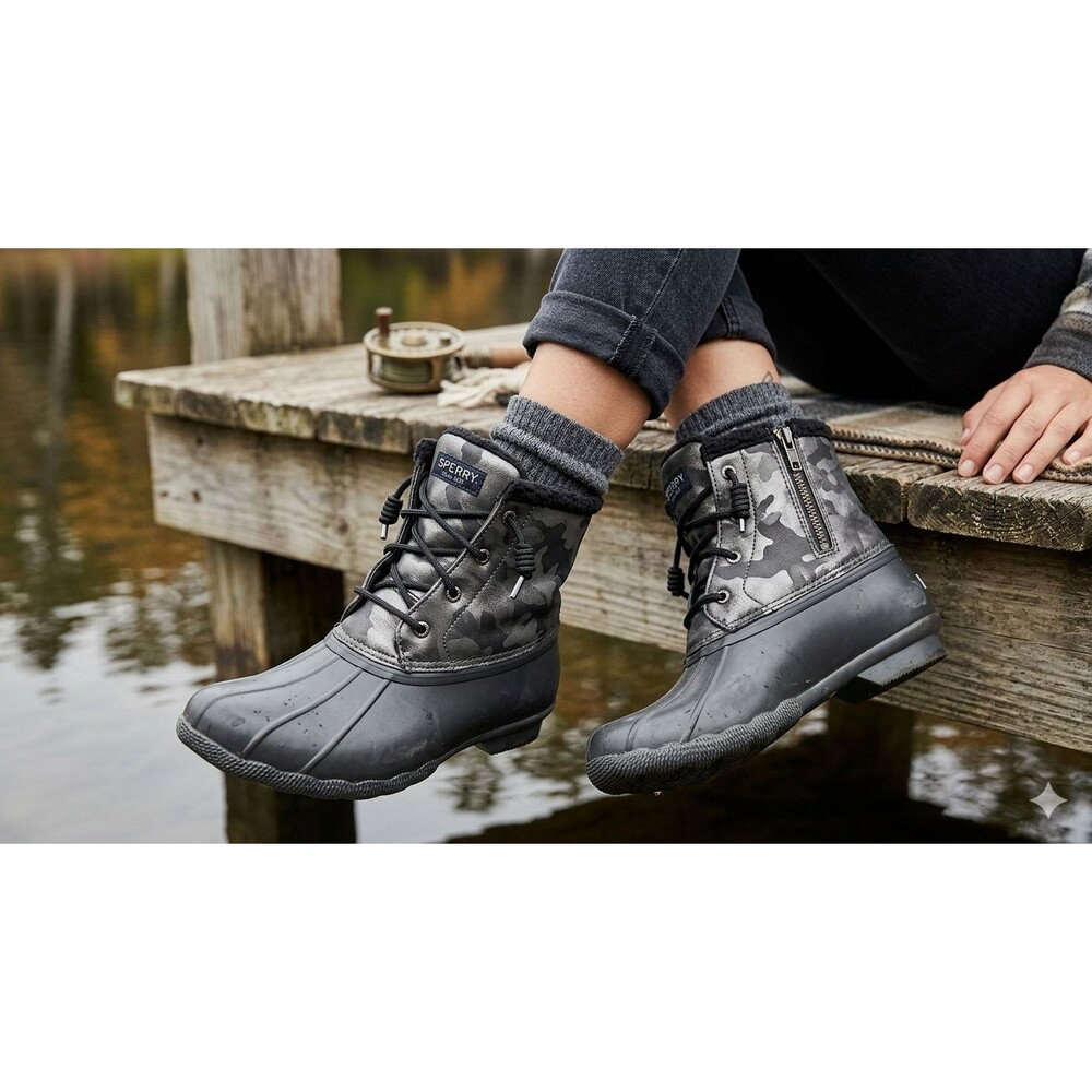 Sperry Saltwater Metallic Camo Duck Boots Women’s Size 8 Zip Waterproof Leather